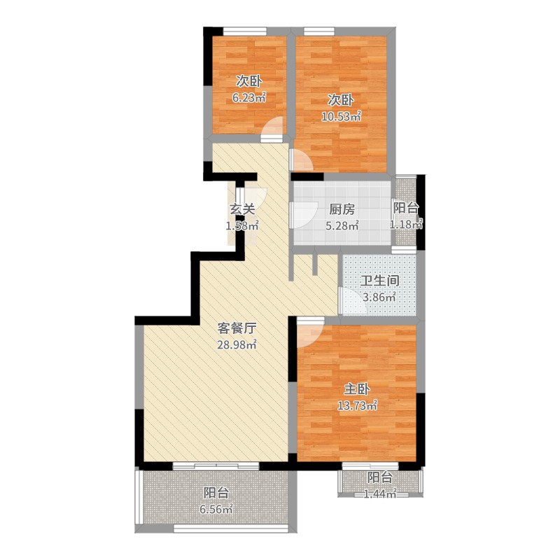 枫林九溪3室2厅1卫1厨97.00㎡户型图