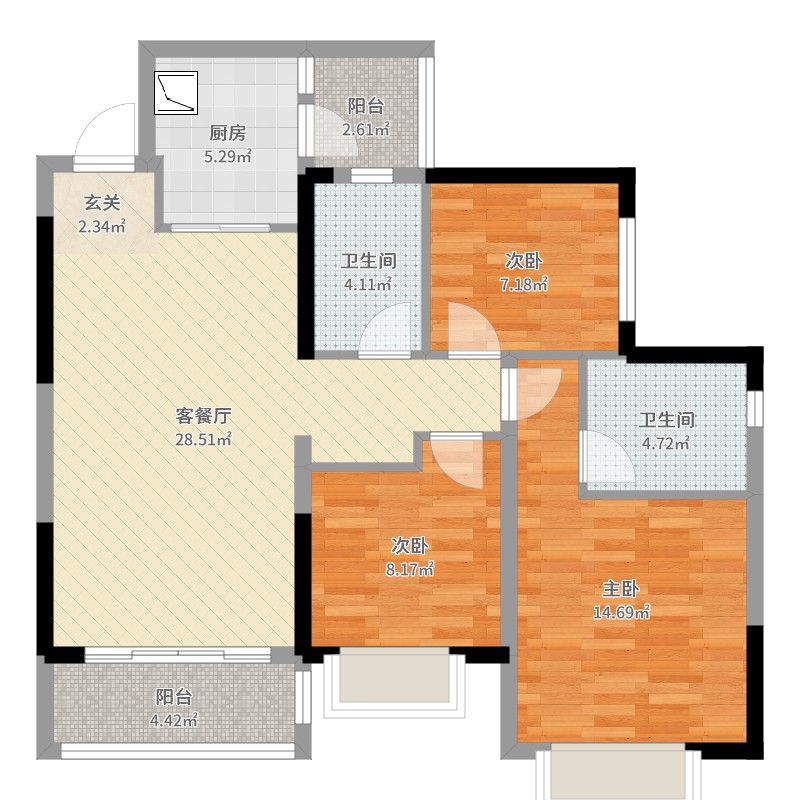 恒大名城3室2厅2卫1厨100.00㎡户型图