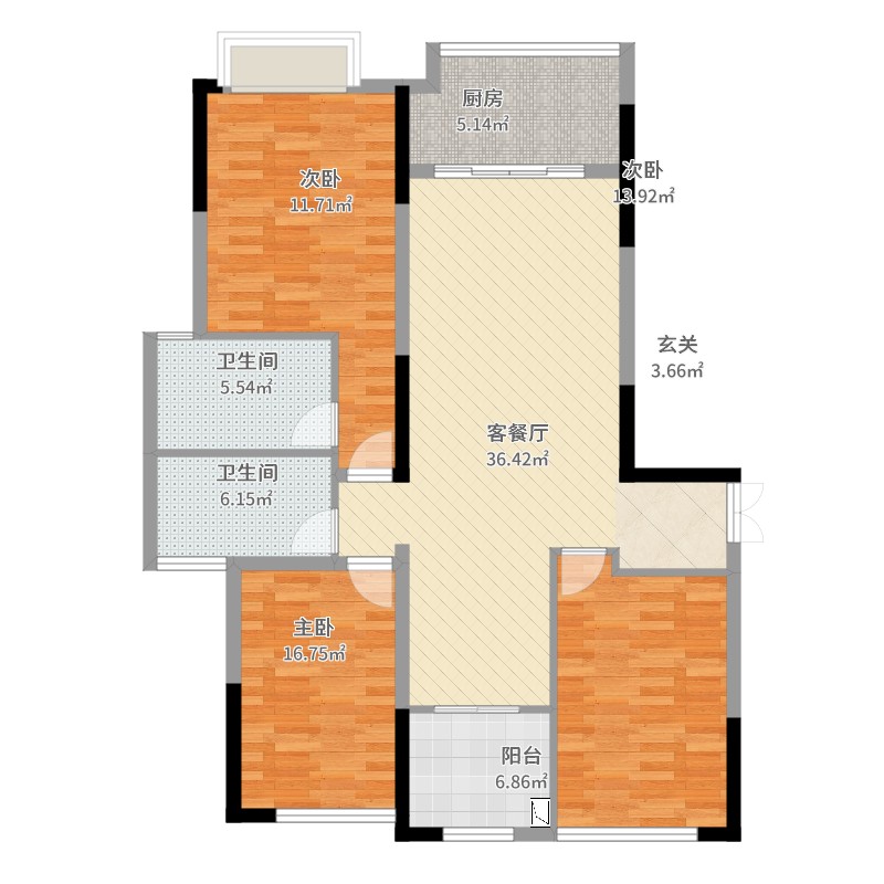 弘洋拉菲小镇3室2厅2卫1厨128.00㎡户型图