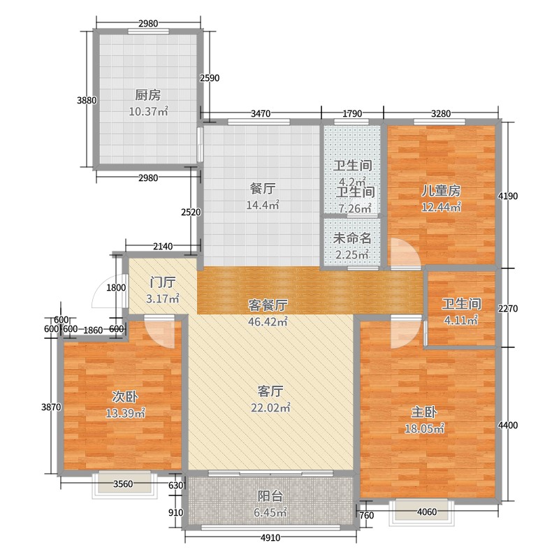 万浩新城3室2厅2卫1厨149.00㎡户型图