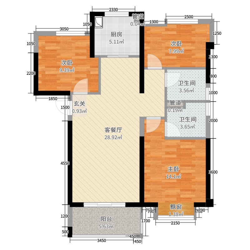 中国户型大全 泉州 中南漫悦湾 3室2厅2卫1厨 80-100㎡  caish 建筑