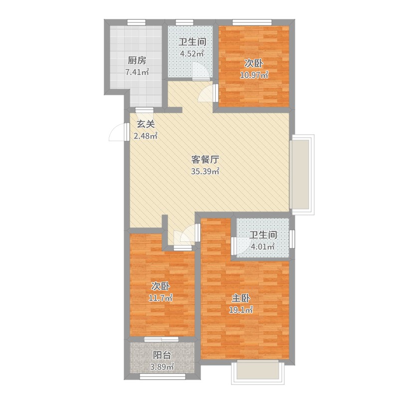 荣安广场3室2厅2卫1厨121.00㎡户型图