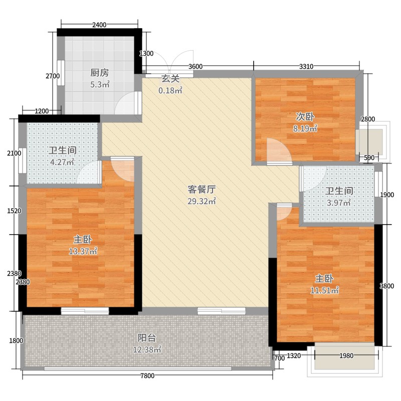 湖南省 株洲市 石峰区 城发翰林府118.94㎡a-f3室2厅2卫1厨 户型图