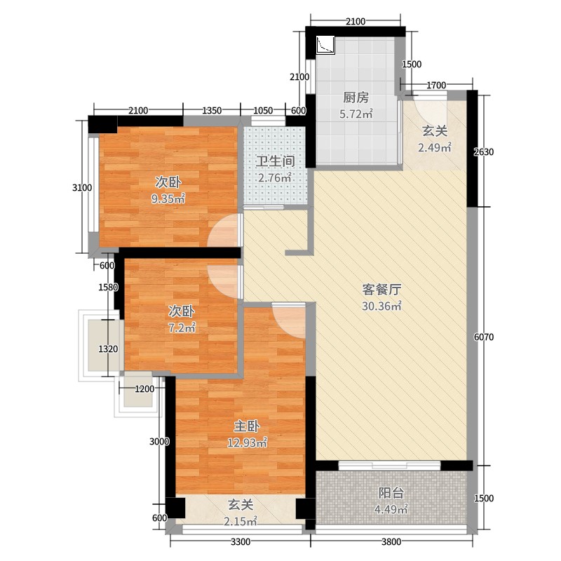 碧桂园·翡翠山3室2厅1卫1厨96.00㎡户型图