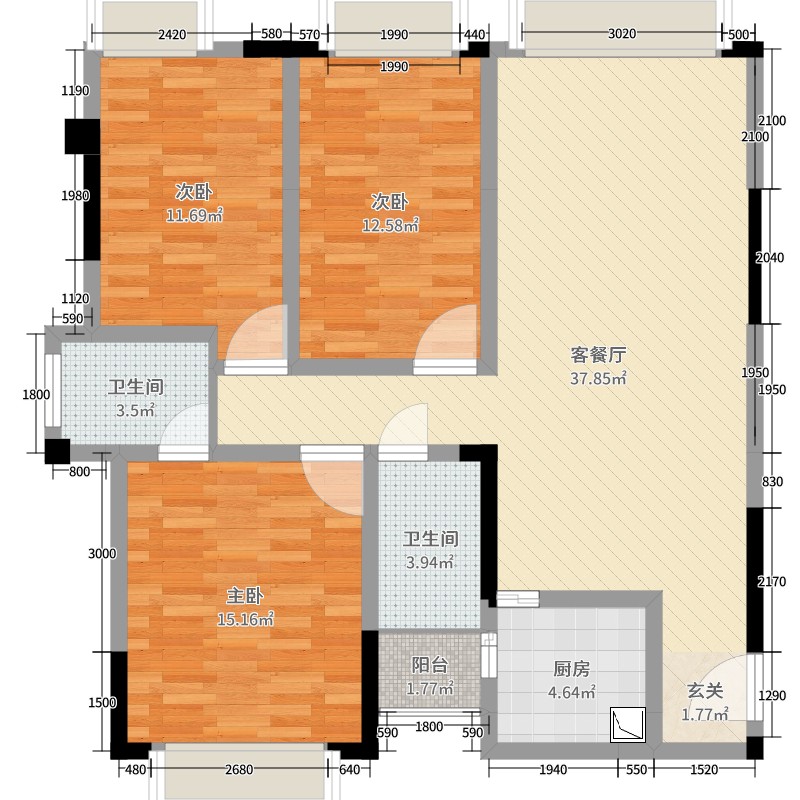 三汇玫瑰花城3室2厅2卫1厨115.00㎡户型图