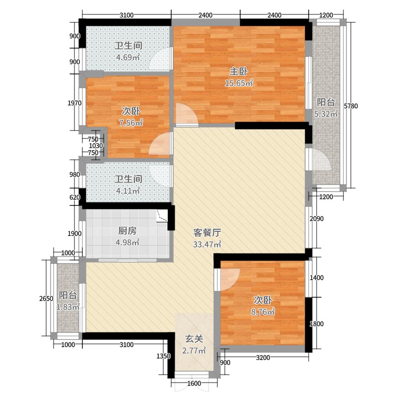 酒城国际3室2厅2卫1厨124.00㎡户型图