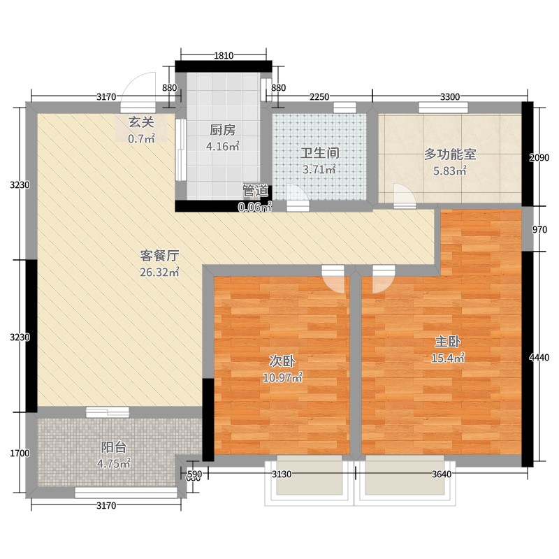 东方樾府2室2厅1卫1厨90.00㎡户型图