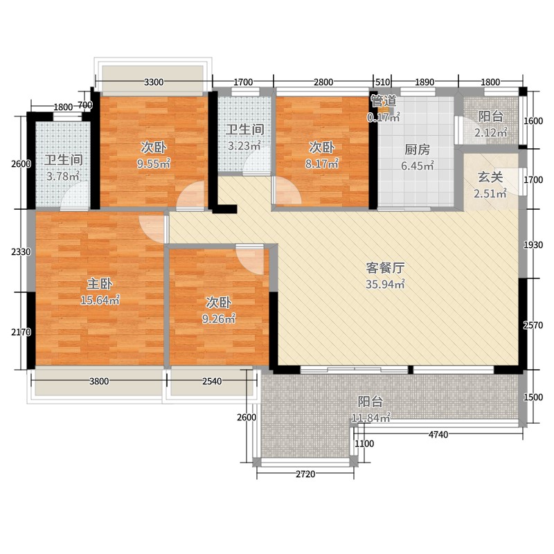 观岭国际社区翡翠湾4室2厅2卫1厨138.00㎡户型图