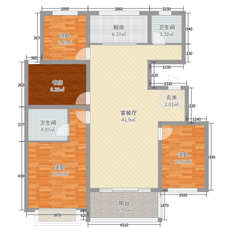 龙城水景苑4室2厅2卫1厨135.00㎡户型图