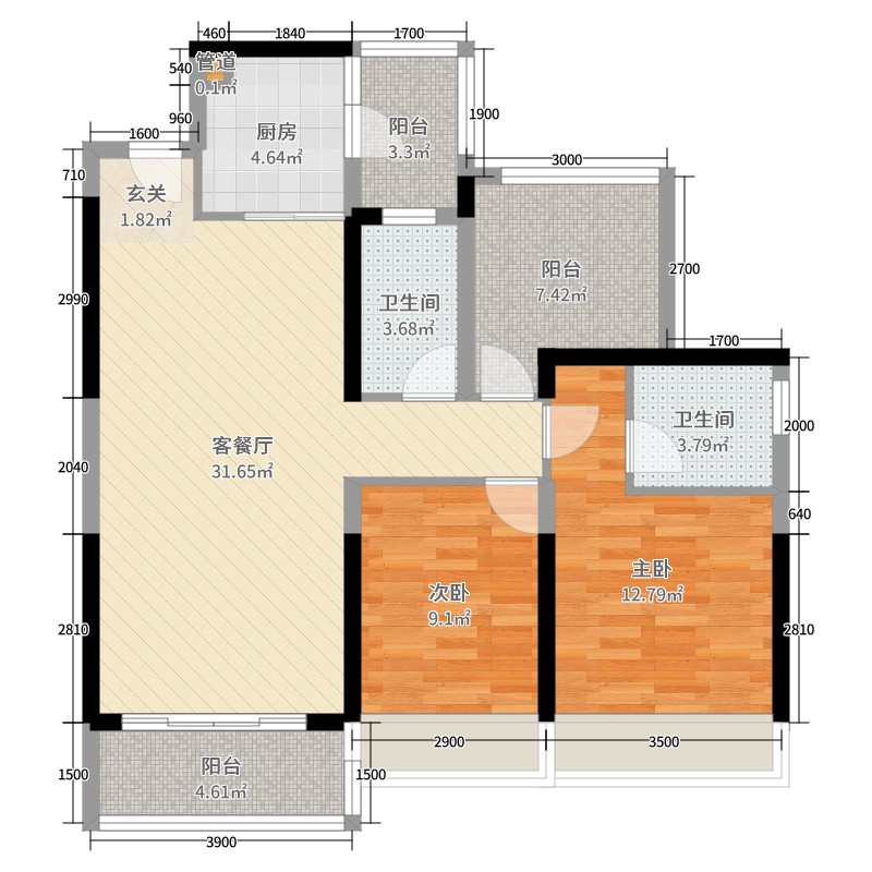 碧桂园·翡翠山2室2厅2卫1厨108.00㎡户型图