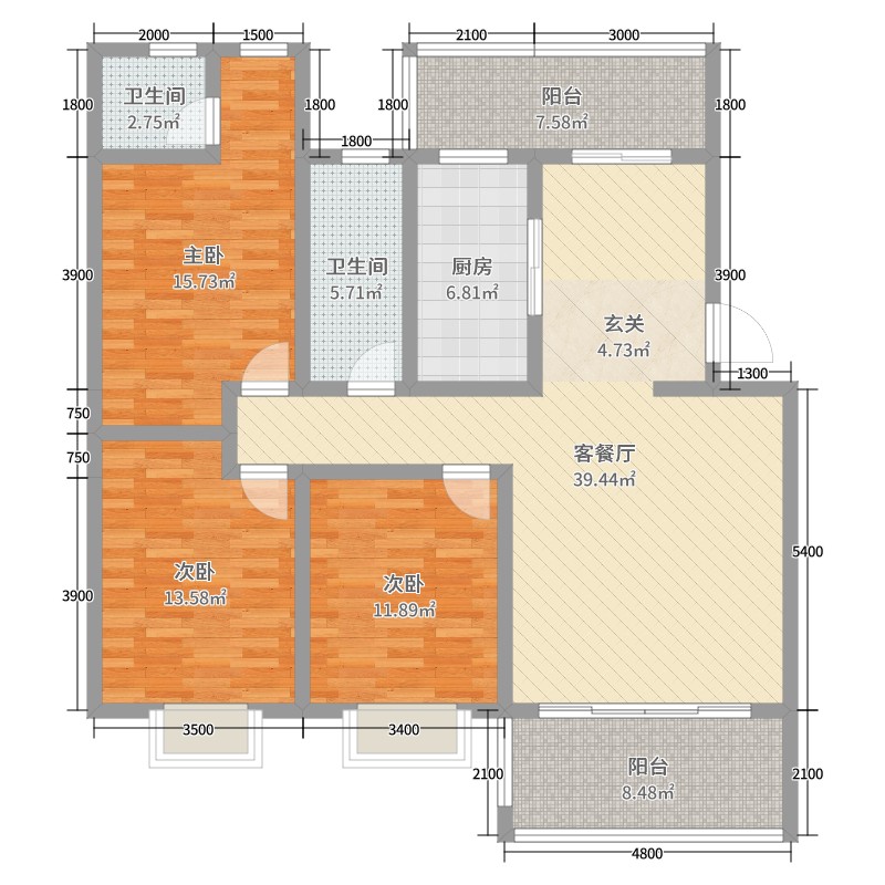 富华新城3室2厅2卫1厨129.00㎡户型图