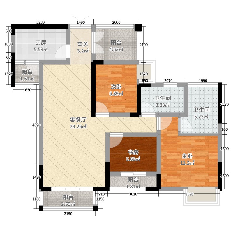 铜梁尚品国际3室2厅2卫1厨102.00㎡户型图