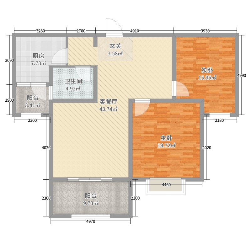 龙翔御书坊2室2厅1卫1厨107.05㎡户型图