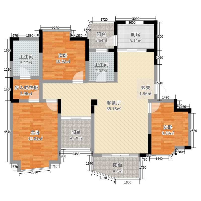 南通银河湾3室2厅2卫1厨135.00㎡户型图