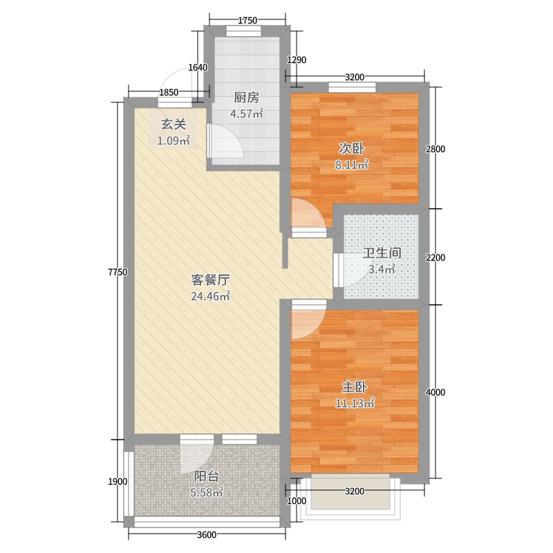 建投·御湖园2室2厅1卫1厨82.00㎡户型图