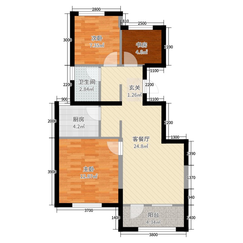 中海云筑3室2厅1卫1厨89.00㎡户型图