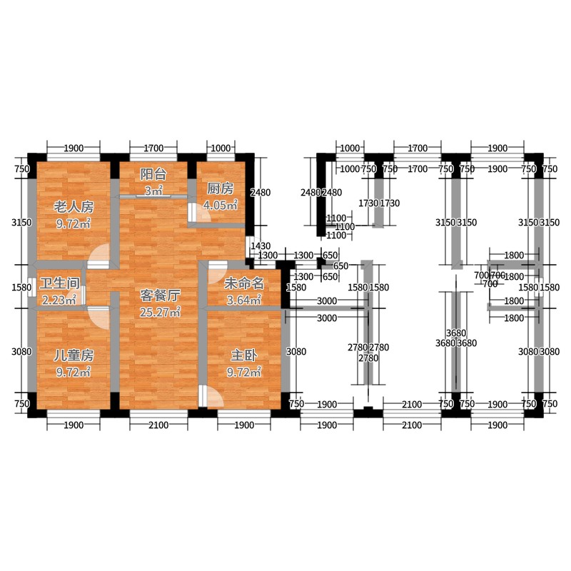 回迁房设计3室2厅1卫1厨85.00㎡户型图