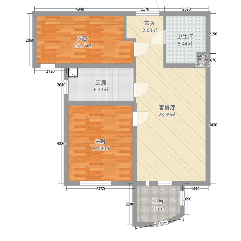 津铁泽苑2室2厅1卫1厨92.00㎡户型图