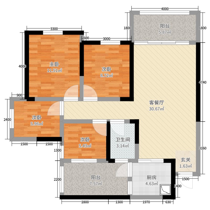 德府金城4室2厅1卫1厨89.00㎡户型图