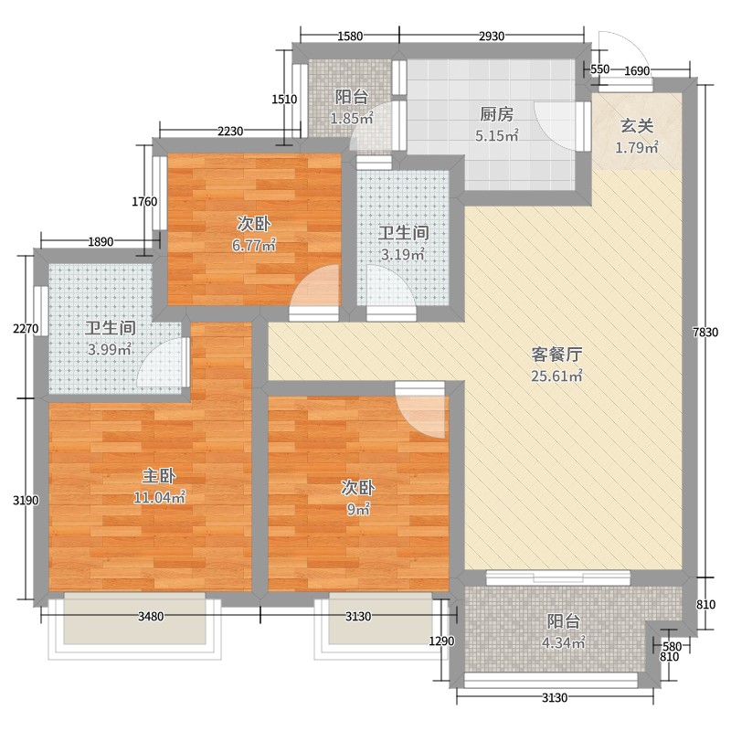 中国户型大全 重庆 象屿·观悦府 3室2厅2卫1厨 80-100㎡  ***标准