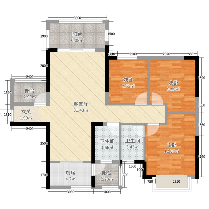 联发君悦兰亭3室2厅2卫1厨110.00㎡户型图