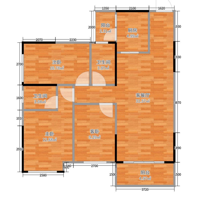 兴达御景城3室2厅2卫1厨106.00㎡户型图