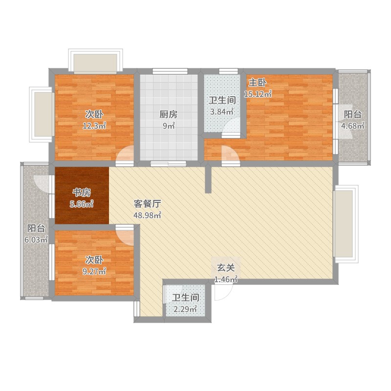 云南省 昆明市 西山区 秀水湾 秀水湾12.46㎡3d户型3室2厅2卫1厨-副本