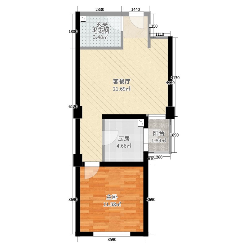 新城望泉寺公租房1室2厅1卫1厨55.00㎡户型图