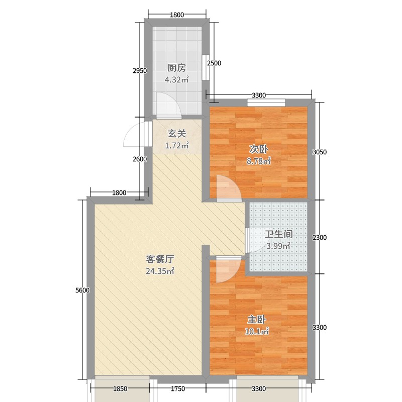 华发新城2室2厅1卫1厨65.00㎡户型图