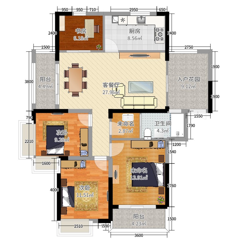 新贵华城三期3室2厅1卫1厨135.00㎡户型图