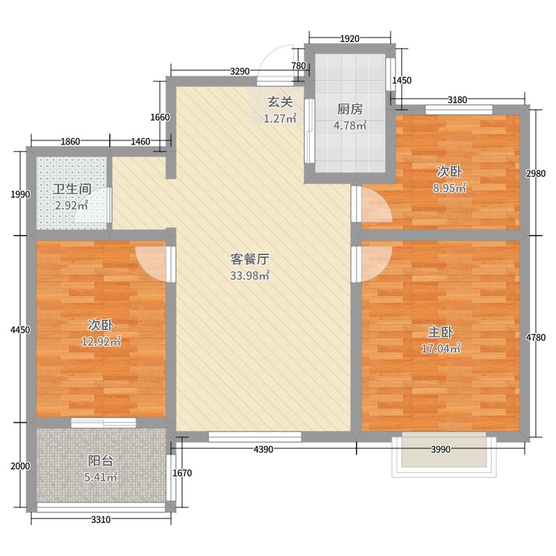 孝养城3室2厅1卫1厨107.00㎡户型图