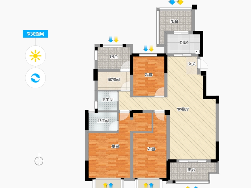 东方御园3室2厅2卫1厨126.00㎡户型图