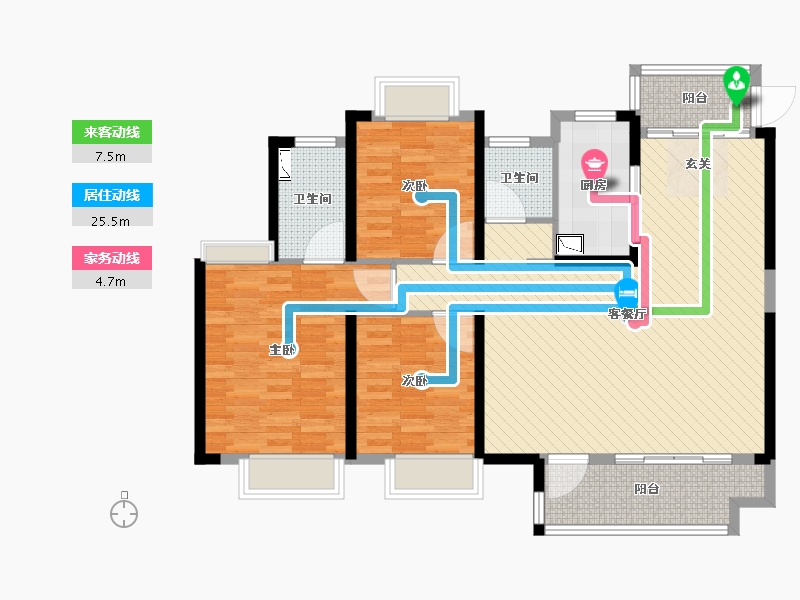 万科玖里3室2厅2卫1厨128.00㎡户型图