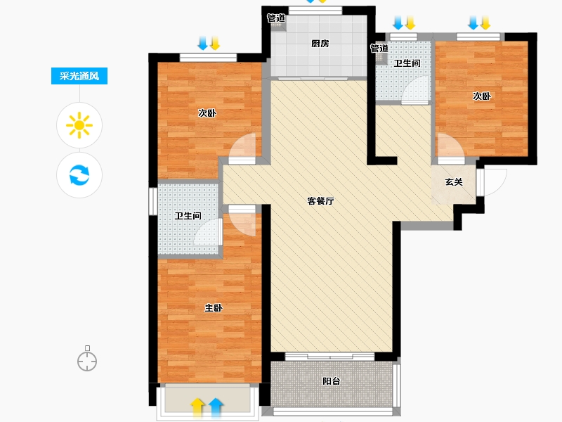 华远枫悦3室2厅2卫1厨102.00㎡户型图