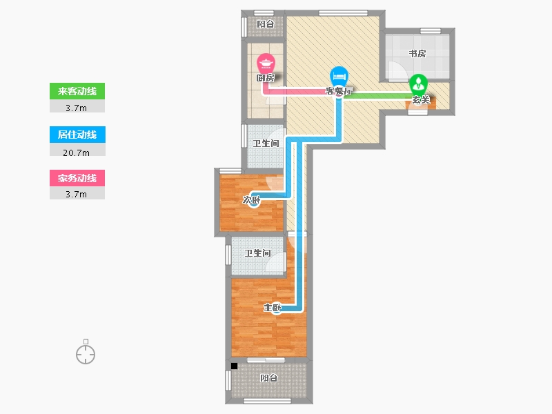 五龙新城香榭园2号楼3室2厅2卫1厨98.00㎡户型图