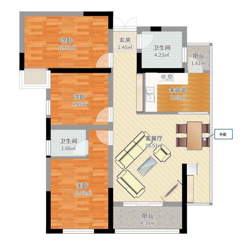 才子城3室2厅2卫1厨91.00㎡户型图