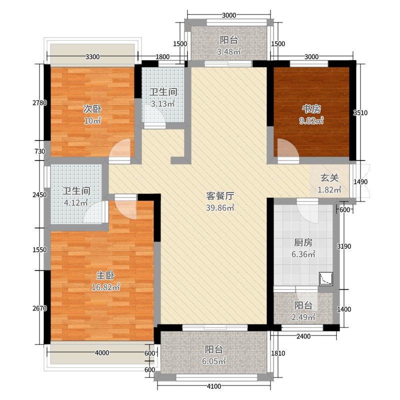 雍景台3室2厅2卫1厨130.00㎡户型图