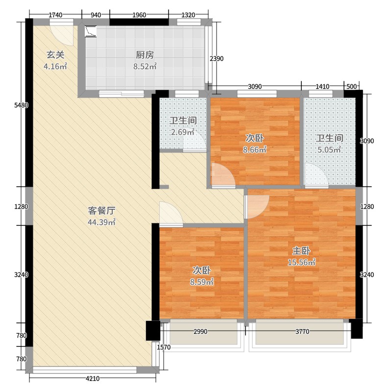 碧桂园翡翠华府3室2厅2卫1厨118.00㎡户型图