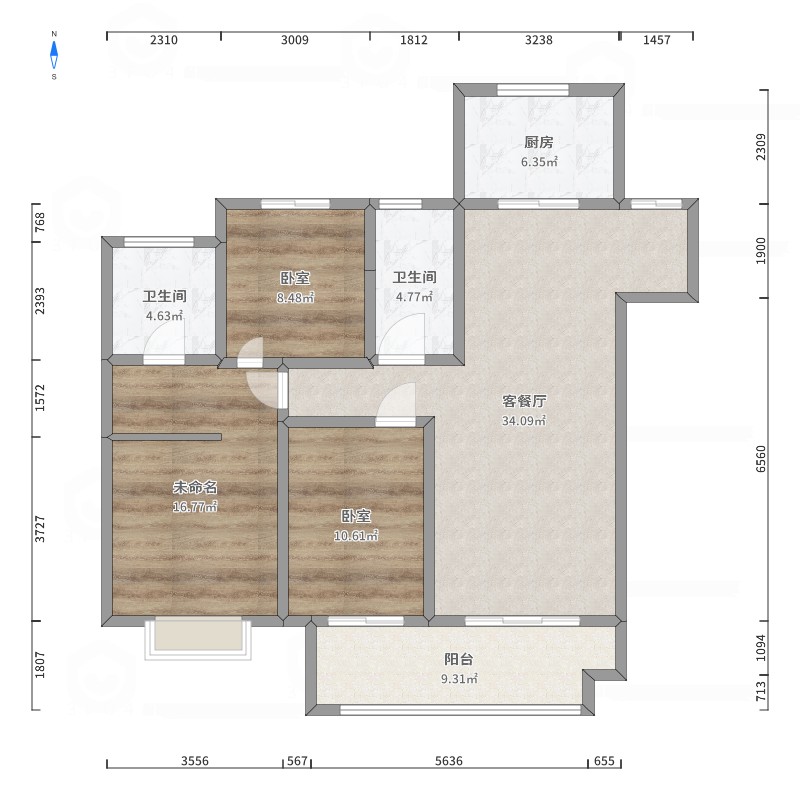 昭通吾悦广场2室2厅2卫1厨121.00㎡户型图 - 酷家乐云