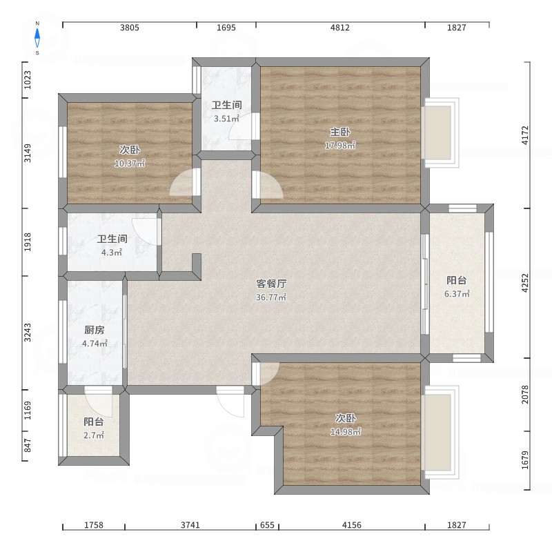 丽景小区3室2厅2卫1厨103.86户型图