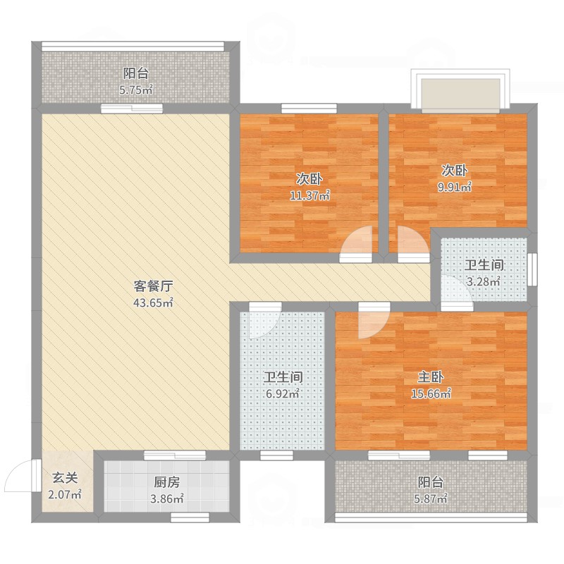 金一华府3室2厅2卫1厨133.00㎡户型图