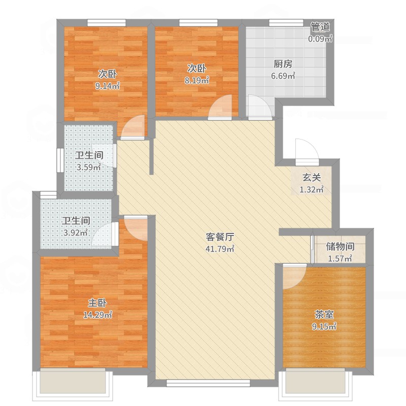 力旺康城3室2厅2卫1厨123.00㎡户型图