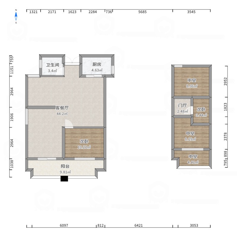 润和湘江天地20栋,21栋建面110㎡2室2厅1卫1厨126.00㎡户型图