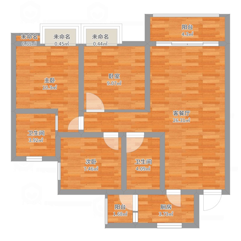 三利麓山城春风里2室2厅2卫1厨93.00㎡户型图