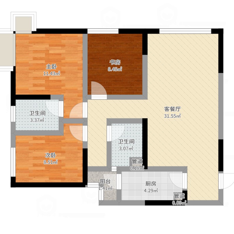 户型大全 佳年华新生活 3室2厅2卫1厨 80-100  建筑面积:90平方