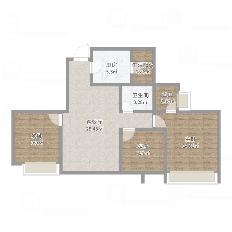 人居锦城峰荟荟菁阁3室2厅1卫1厨90.00㎡户型图