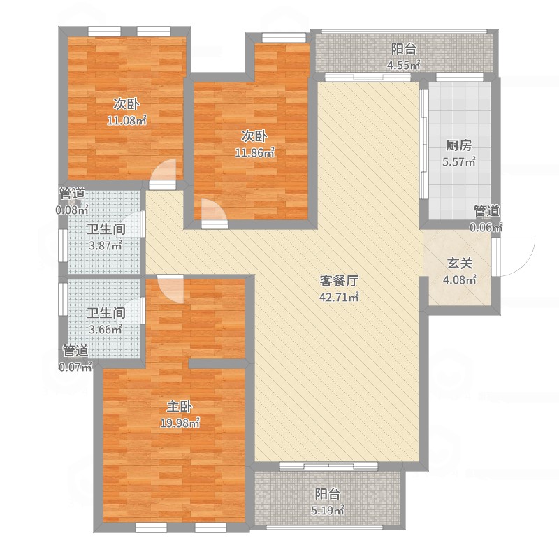 建业龙城3室2厅2卫1厨.00㎡户型图