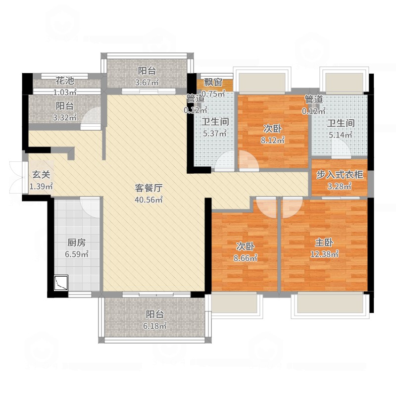 招商依云雍景湾3室2厅2卫1厨131.00㎡户型图