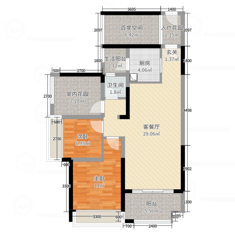 中信新城2室2厅1卫1厨94.00户型图