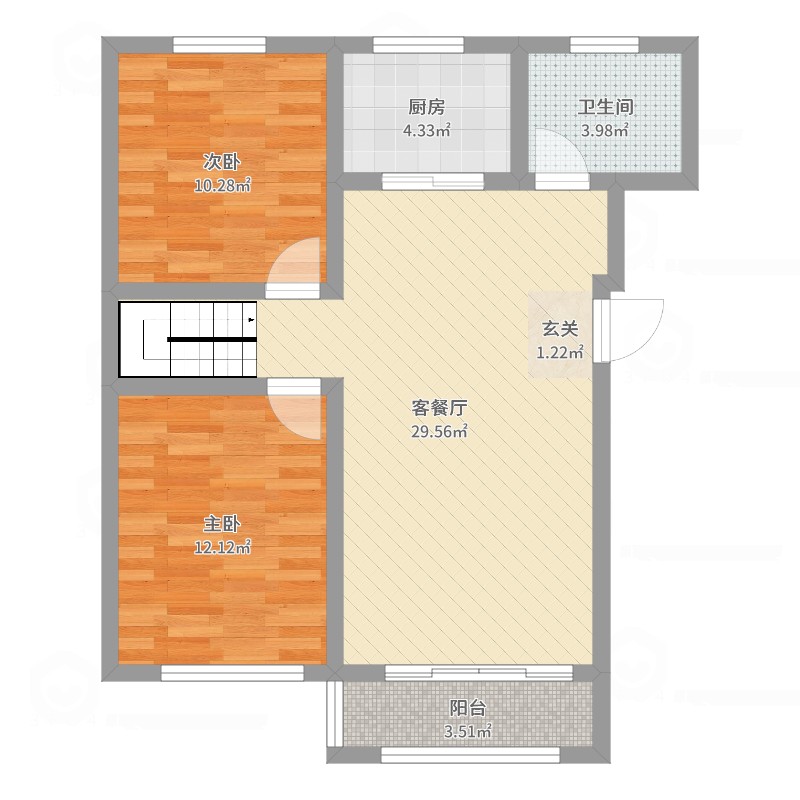 兰庭华府2室2厅1卫1厨80.00㎡户型图